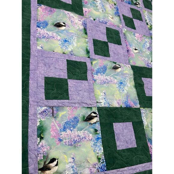 Handmade Patchwork Quilt Throw Lap Blanket 56” x 39” Lilac Chickadees - Picture 4 of 8